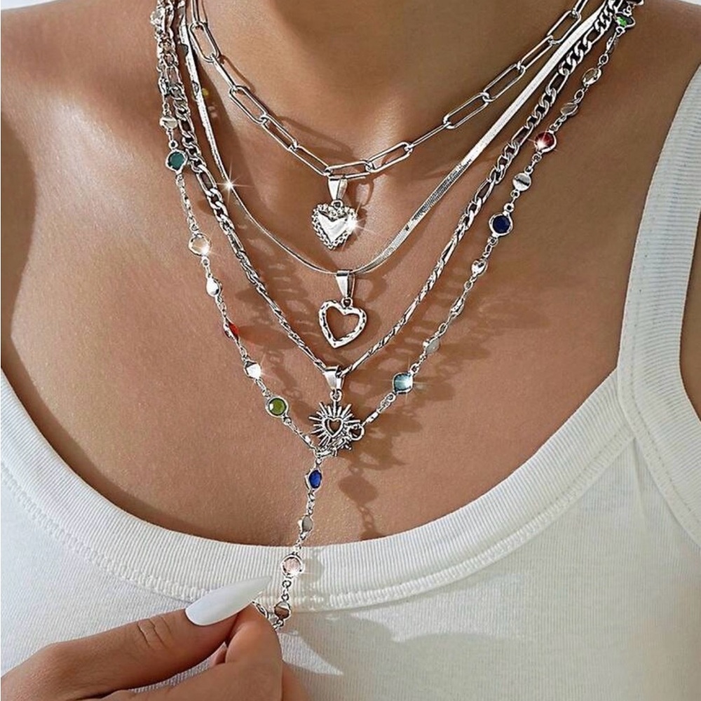 Silver Multi-Layered Necklace Set - image 1